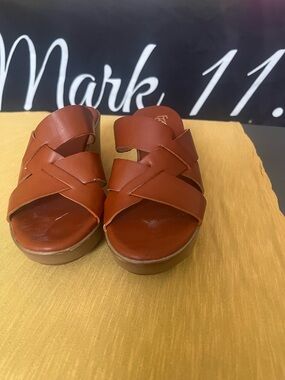 Franco Sarto Brown Leather Crisscross Slide Sandals